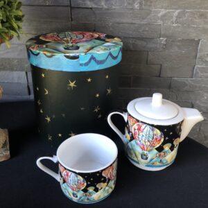 Théière en céramique montgolfières avec une tasse et une boîte cadeau
